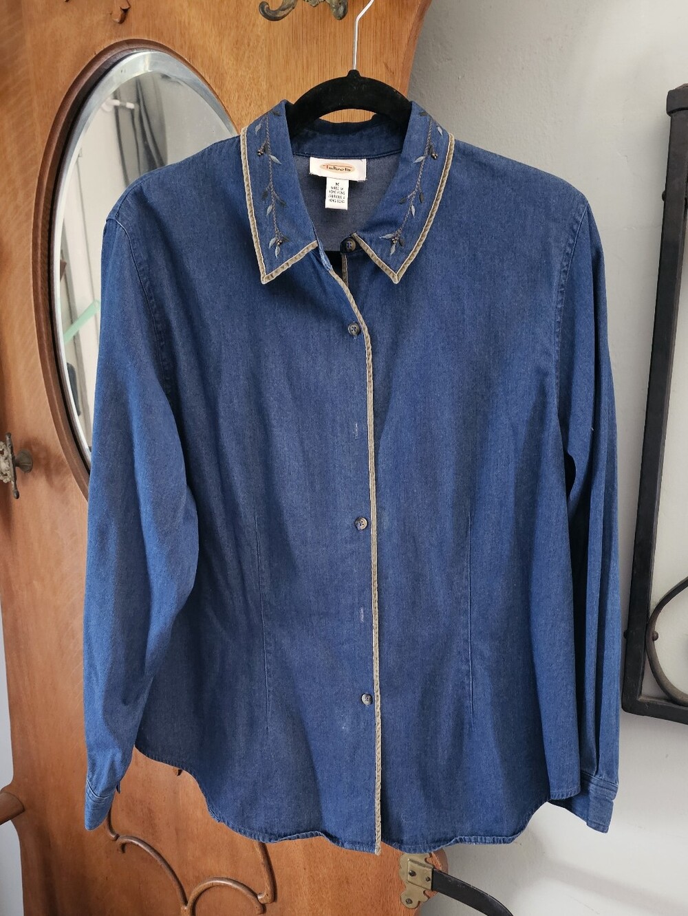 Vintage Talbots Denim Shirt Medium Embroidered Collar Velvet Trim